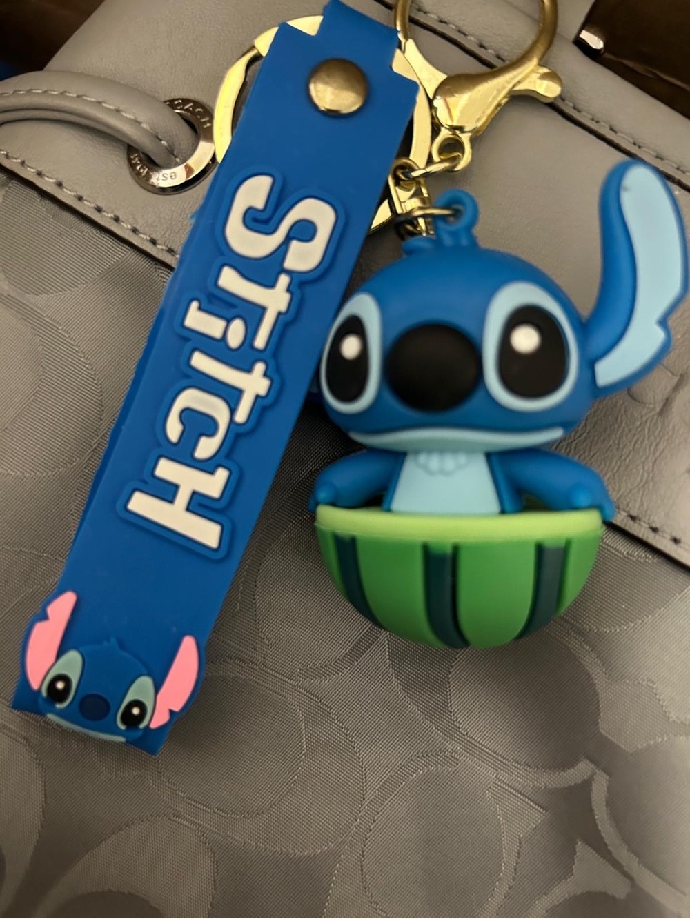 Disney Blue Stitch Silicone Keychain with Green Bowl and Gold Hardware